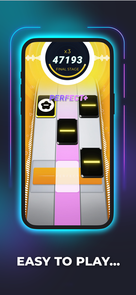 Beat Tiles: Music Game - Beat Tilesのゲームプレイ画面のスクリーンショット。ネオングローのトラック上にリズムタイルが表示され、ハイスコアが表示されている。