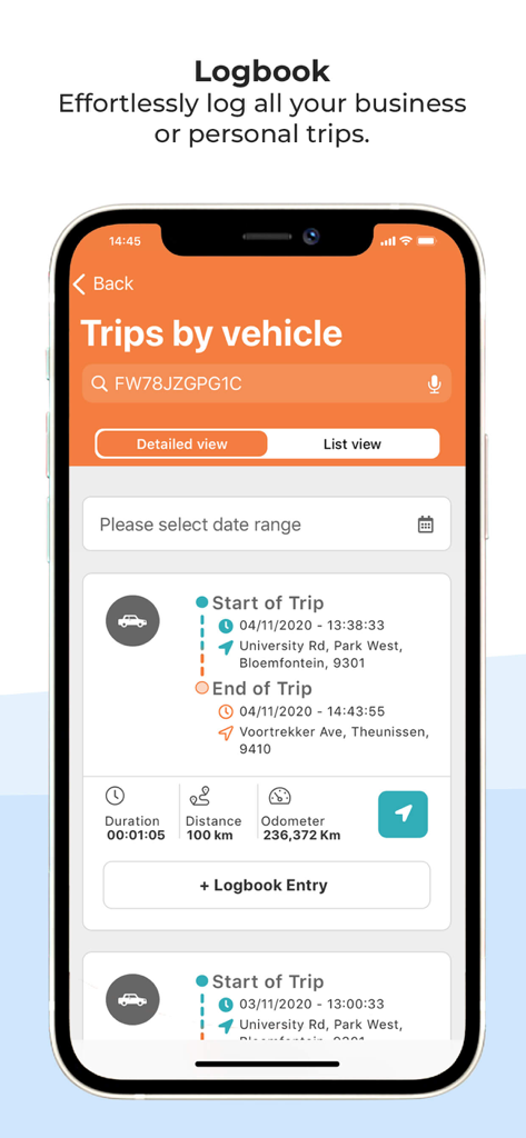 Cartrack GPS, Vehicle & Fleet - Cartrack-App-Oberfläche mit Fahrtenverlauf des Fahrzeugs mit Start- und Endpunkten und Entfernung
