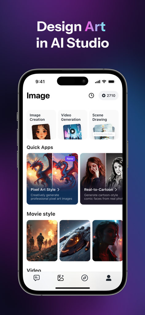 Monica AI: Ultimate AI Assist - Interface de l'application Monica AI présentant des outils d'art IA, y compris la création d'images, la génération vidéo et divers styles artistiques.