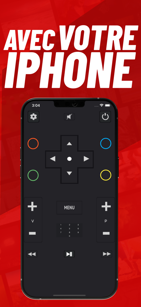 Télécommande box universelle - Universal TV box remote interface on an iPhone screen featuring digital control buttons
