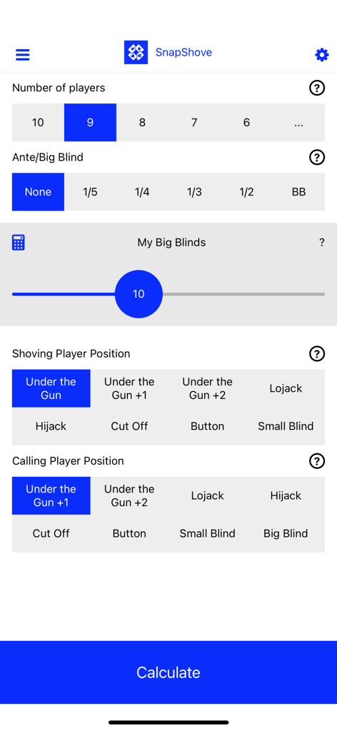 SnapShove Pro - SnapShove Pro App-Interface mit Einstellungen für Pokerhand-Berechnungen für Spieler und Blinds