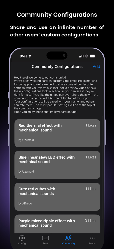 RGBoard: Animated Keyboard - Community configurations screen in the RGBoard app showcasing custom keyboard themes with LED effects and mechanical sounds.