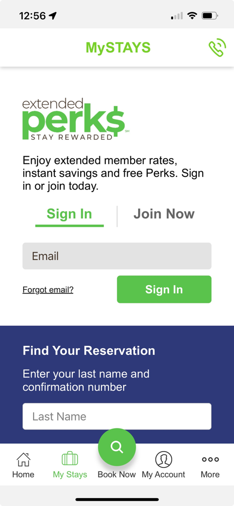 Extended Stay America - The My Stays screen of the Extended Stay America app featuring the Extended Perks rewards sign in and a reservation search field.