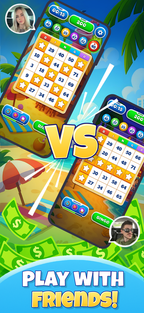 Deux joueurs s'affrontant dans un match de bingo d'argent réel avec le texte "Play With Friends".