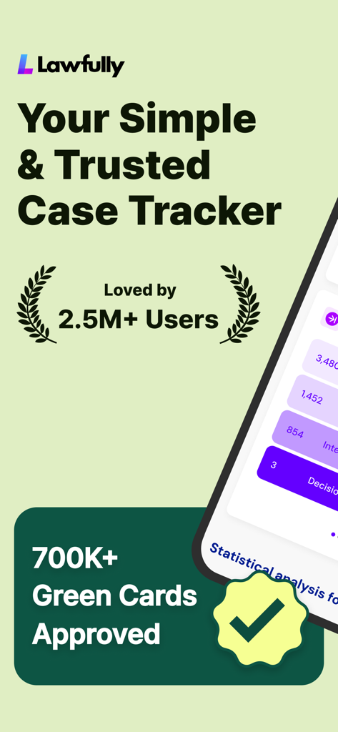 Lawfully Case Tracker - Lawfully Case Tracker app screen showcasing its status as a trusted immigration case tracker with over 700,000 green cards approved and 2.5 million users.