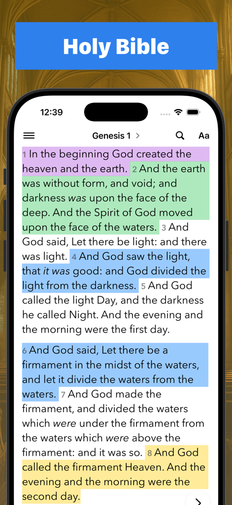 HOLY BIBLE - Any Version - Pantalla de smartphone mostrando Génesis 1 con versículos resaltados en varios colores en la aplicación Santa Biblia