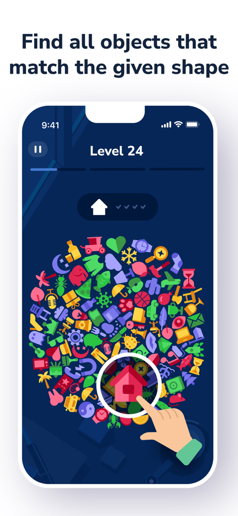 Um jogo de busca visual no aplicativo BrainSpot onde os jogadores encontram formas correspondentes.