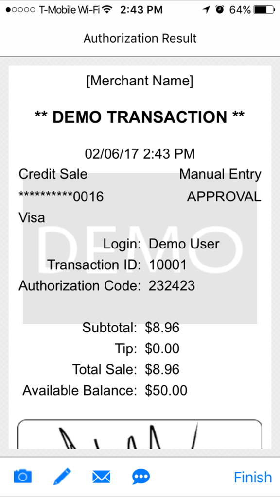 A digital receipt on a mobile app showing a successful credit card transaction with subtotal total and signature area
