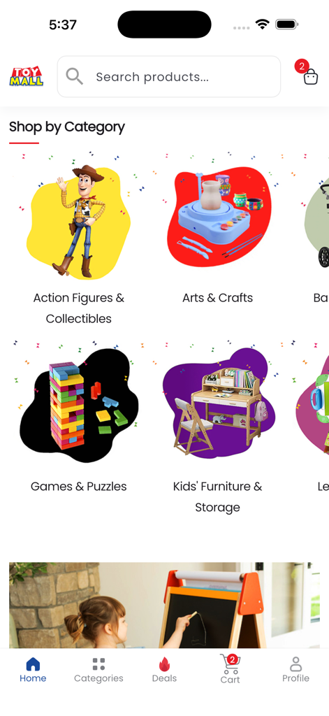 ToyMall 모바일 앱 홈 화면, 액션 피규어, 미술 및 공예, 게임 및 퍼즐, 키즈 가구를 포함한 장난감 카테고리 표시