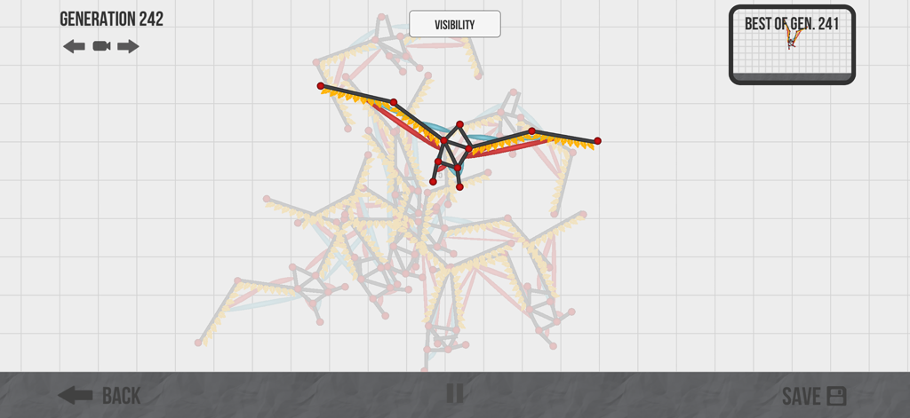 Physics simulation showing a skeletal winged creature learning to fly in generation 242