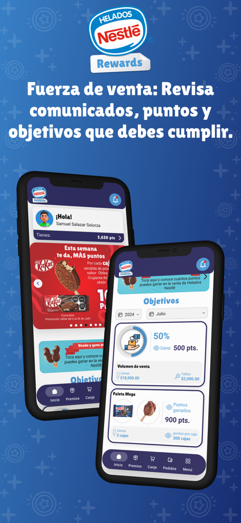 Helados Nestlé Rewards - 판매 목표 및 포인트 축적을 보여주는 네슬레 아이스크림 리워드 앱 인터페이스.