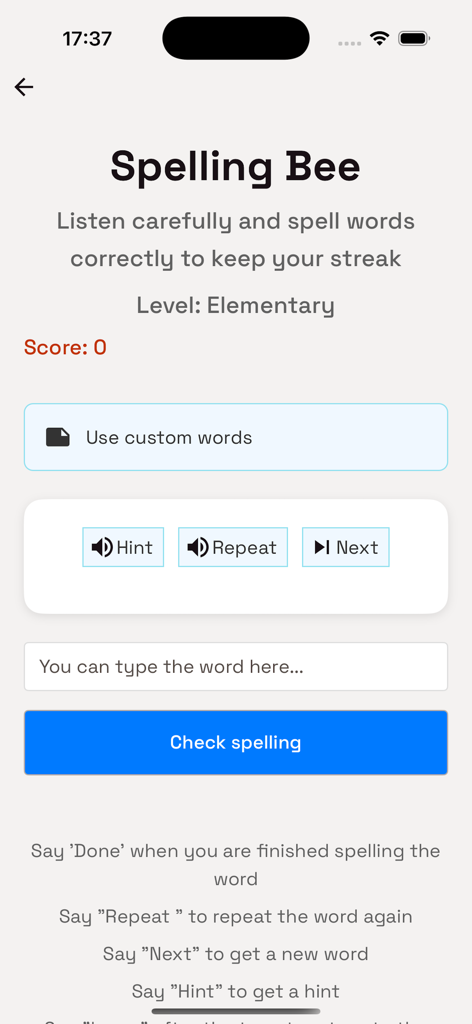 Spelling Bee game interface in Bee Bee Games showing elementary level words and voice control features.