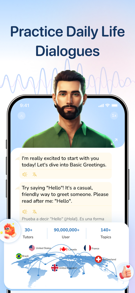 AI video tutor lesson for practicing daily dialogues in the Lingo AI app