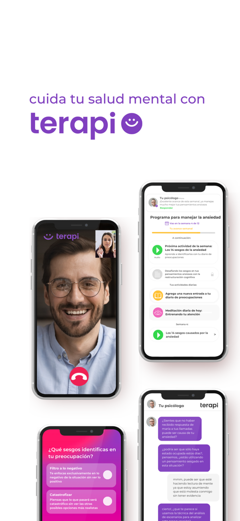Terapi: Cuida tu salud mental - Capturas de pantalla de la app Terapi mostrando terapia por video y funciones de manejo de ansiedad