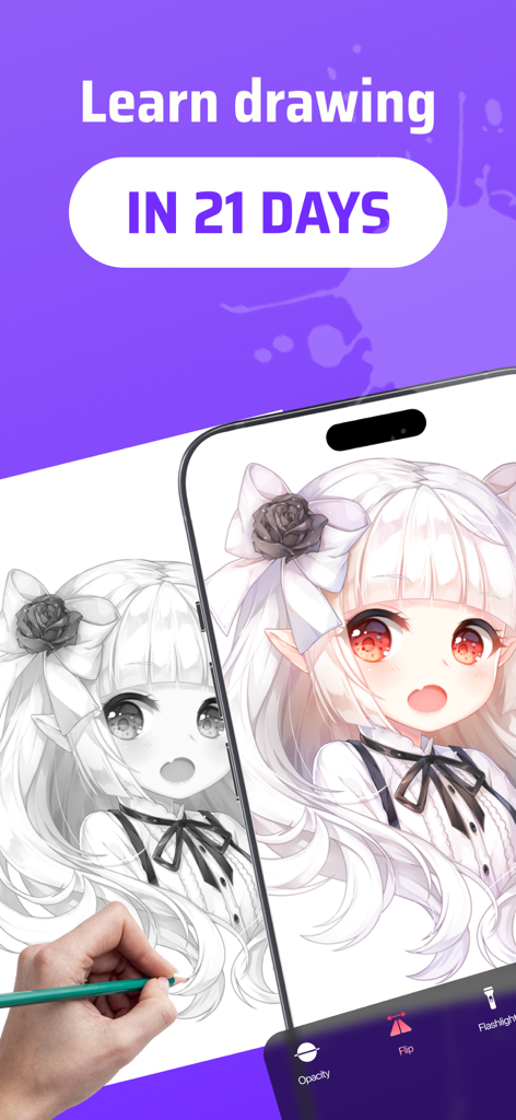 Hand tracing an anime girl from a smartphone screen to paper using an AR drawing app