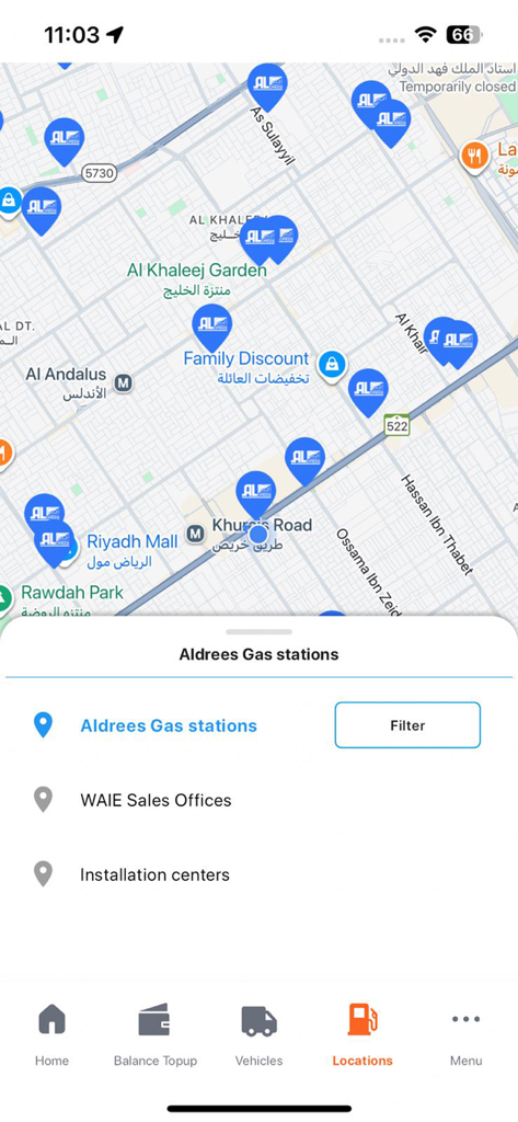 Mobile app map interface displaying Aldrees gas station locations and service filters