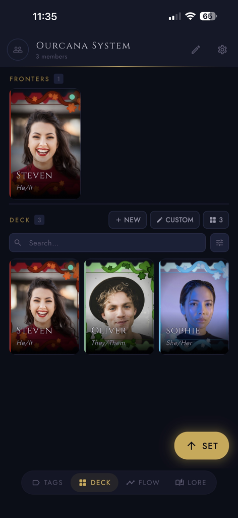 Ourcana app screen showing system members in a tarot card style layout