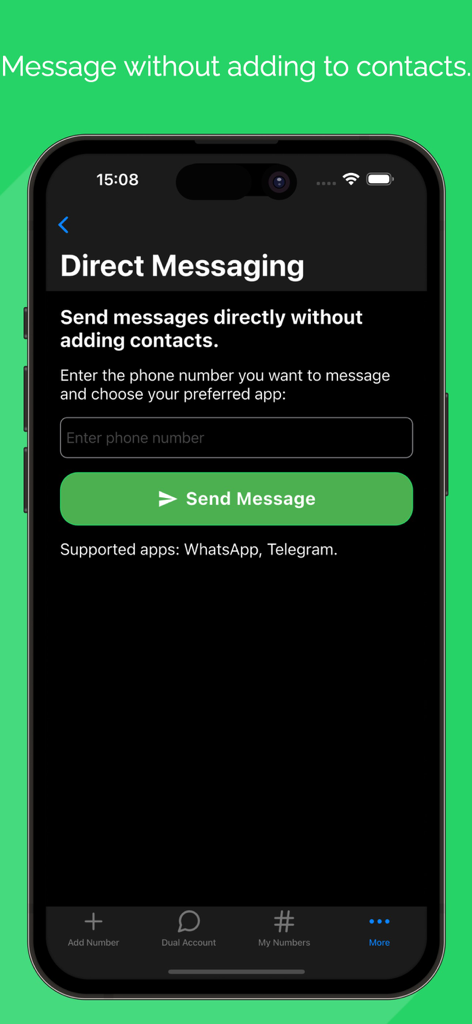 Dual WA: Duo Web Messenger - Pantalla de mensajería directa que permite a los usuarios enviar mensajes a números de teléfono sin agregarlos como contactos