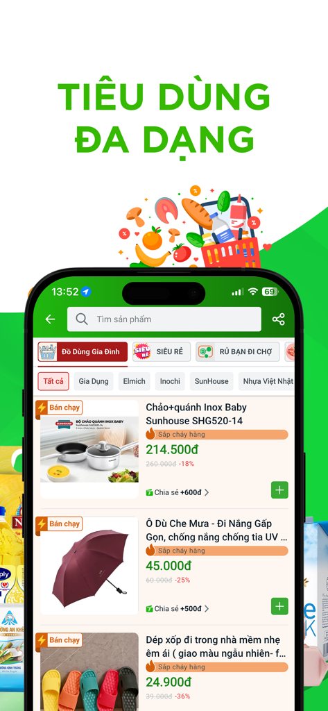 FPT Sendo Farm - Siêu thị - Pantalla de la aplicación FPT Sendo Farm que muestra diversos artículos para el hogar y productos de consumo.