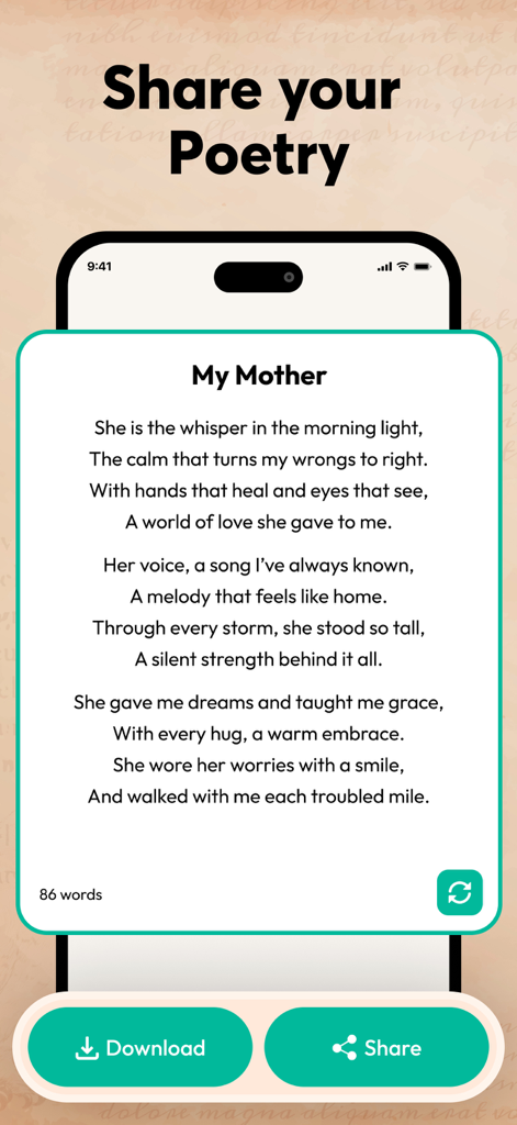 AI Poem Generator and Maker - Ein mobiler App-Bildschirm von KI-Gedichtgenerator und Ersteller, der ein Gedicht mit dem Titel Meine Mutter mit Download- und Freigabe-Schaltflächen anzeigt.