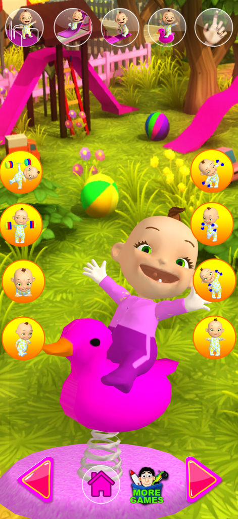 Talking Babsy Baby playing on a pink duck spring rider in a playground