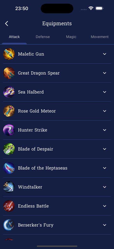 Nova Counter - Visualización de la aplicación Nova Counter de objetos de equipamiento de ataque para Mobile Legends