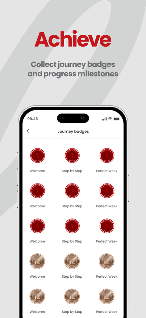 Snap Fitness - Snap Fitness app interface showing gym journey badges and milestones.