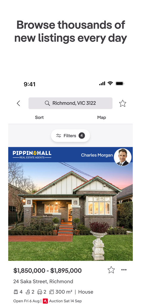 Mobile app view of a property listing in Richmond showing a brick house and price details