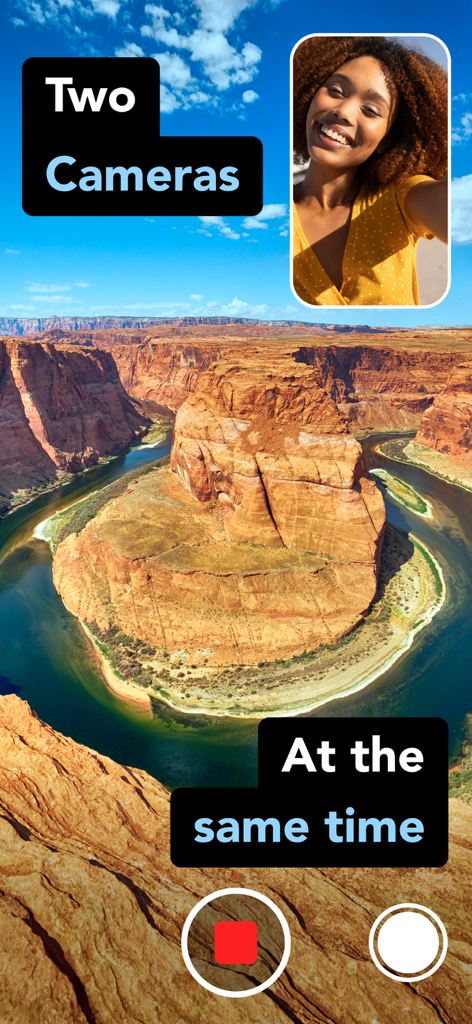 Una mujer usando la aplicación 2Cam para grabar un cañón escénico y su reacción simultáneamente