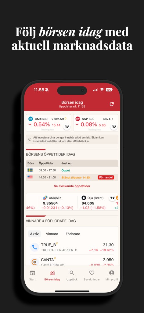 Börskollen: Aktier & Börsen - Interfaz de la aplicación móvil Börskollen que muestra índices bursátiles en vivo, horarios de apertura de bolsas y tipos de cambio.