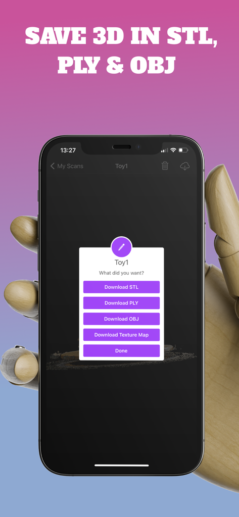 3D Scanner App - STL PLYおよびOBJファイル形式のダウンロードオプションを表示するモバイルインターフェース