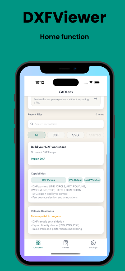 DXFViewer - Tela inicial do aplicativo DXFViewer CADLens mostrando gerenciamento de arquivos locais e recursos de análise de CAD para arquivos DXF e SVG.