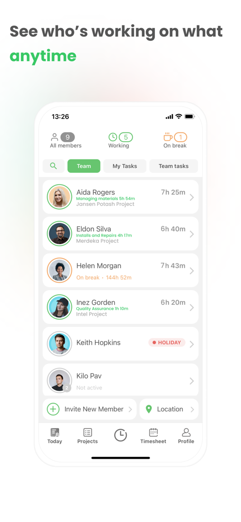 Timey – Work Management - A real-time team dashboard in the Timey app showing employee status, current projects, and daily tracked hours.