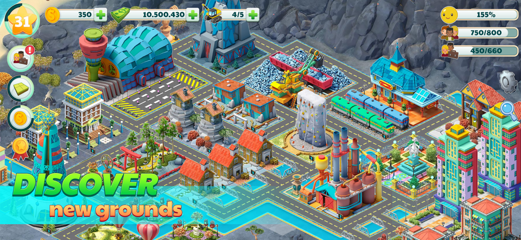 Town City - Building Simulator - A colorful city layout in Town City Building Simulator featuring industrial zones residential houses and a train station