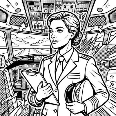 Embark on a creative journey with this vibrant Pop Art pilot portrait, perfect for aspiring aviators and art enthusiasts. Color in the bold lines and iconic halftone patterns of this unique design.