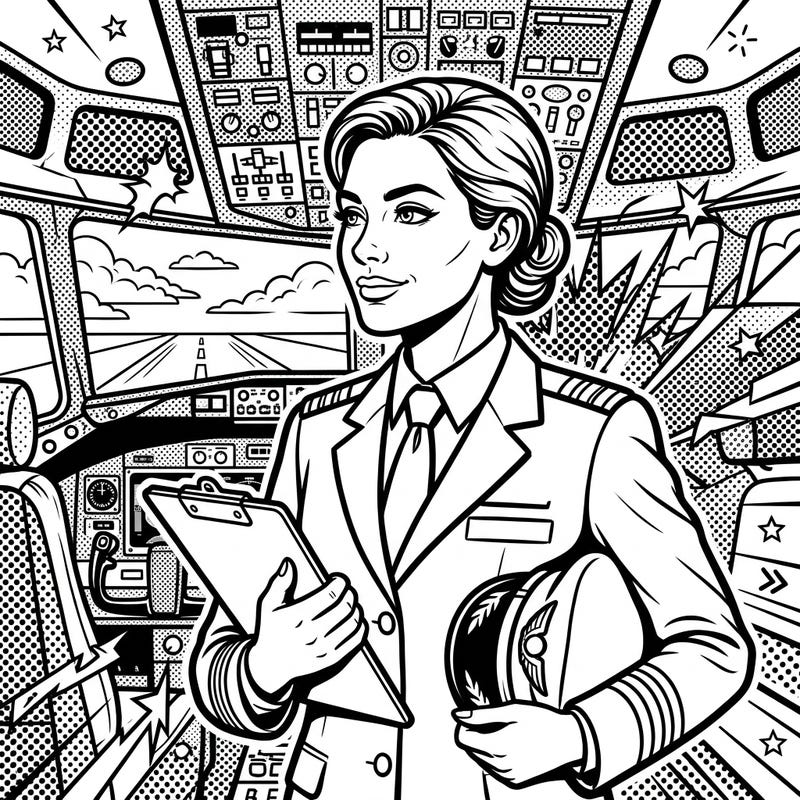 Embark on a creative journey with this vibrant Pop Art pilot portrait, perfect for aspiring aviators and art enthusiasts. Color in the bold lines and iconic halftone patterns of this unique design.