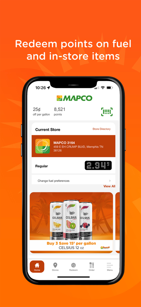 MY MAPCO app home screen showing fuel savings points balance and local gas station information