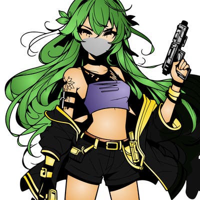 bad girl wearing crop top holding a gun long hair anime