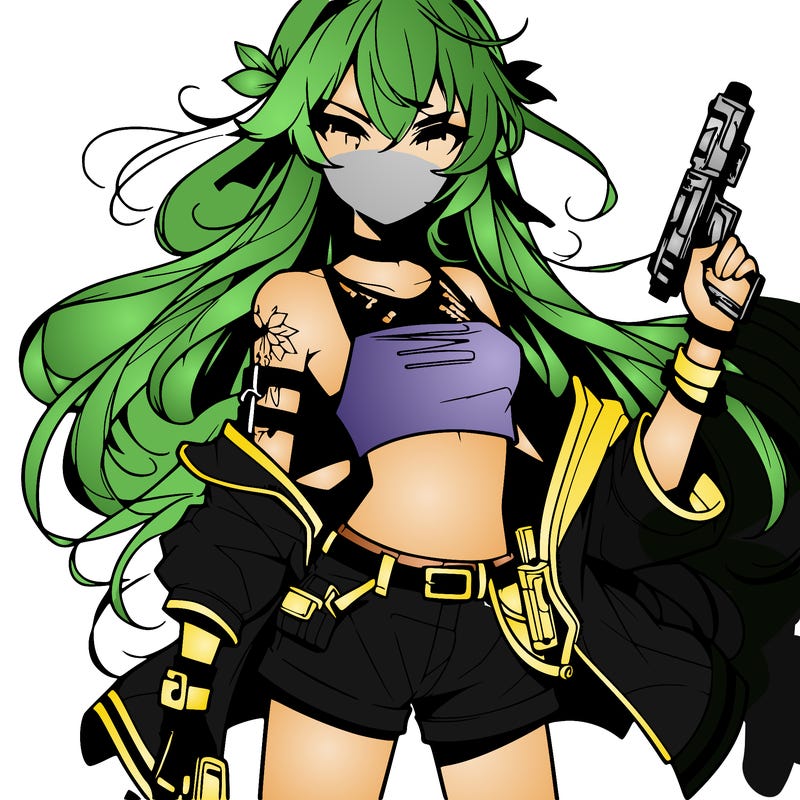 bad girl wearing crop top holding a gun long hair anime