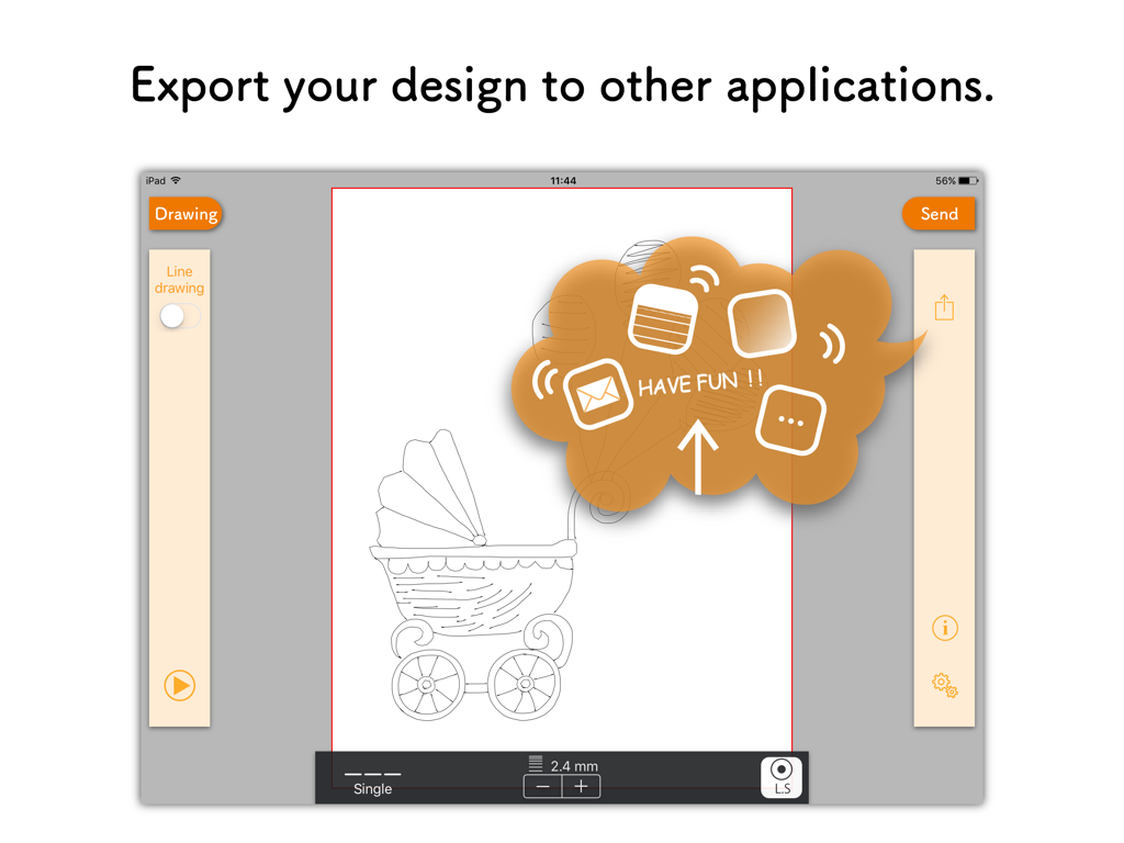 AcuSketch - AcuSketch app interface on iPad displaying the export feature for a hand-drawn baby carriage embroidery design.