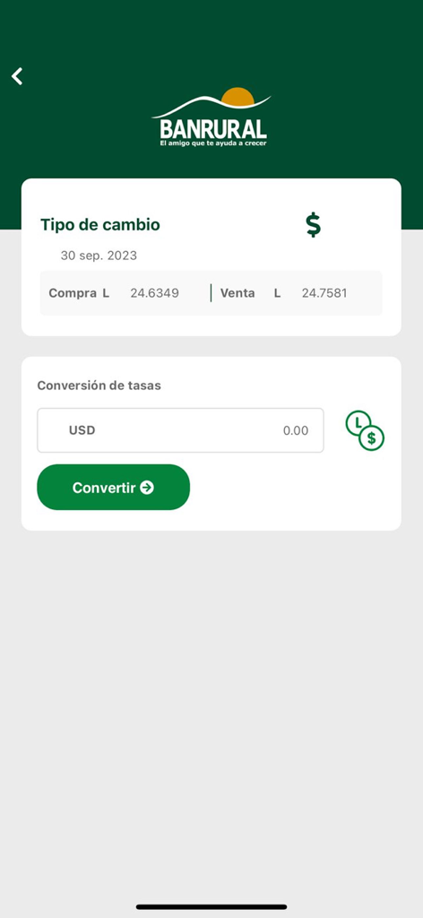 Banrural Móvil Honduras - Banrural Movil Honduras exchange rate and currency converter screen showing USD to Lempira conversion rates