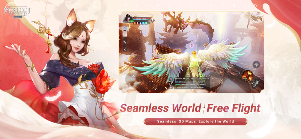 Perfect World Mobile - A character with massive wings flying over a seamless 3D landscape in Perfect World Mobile.