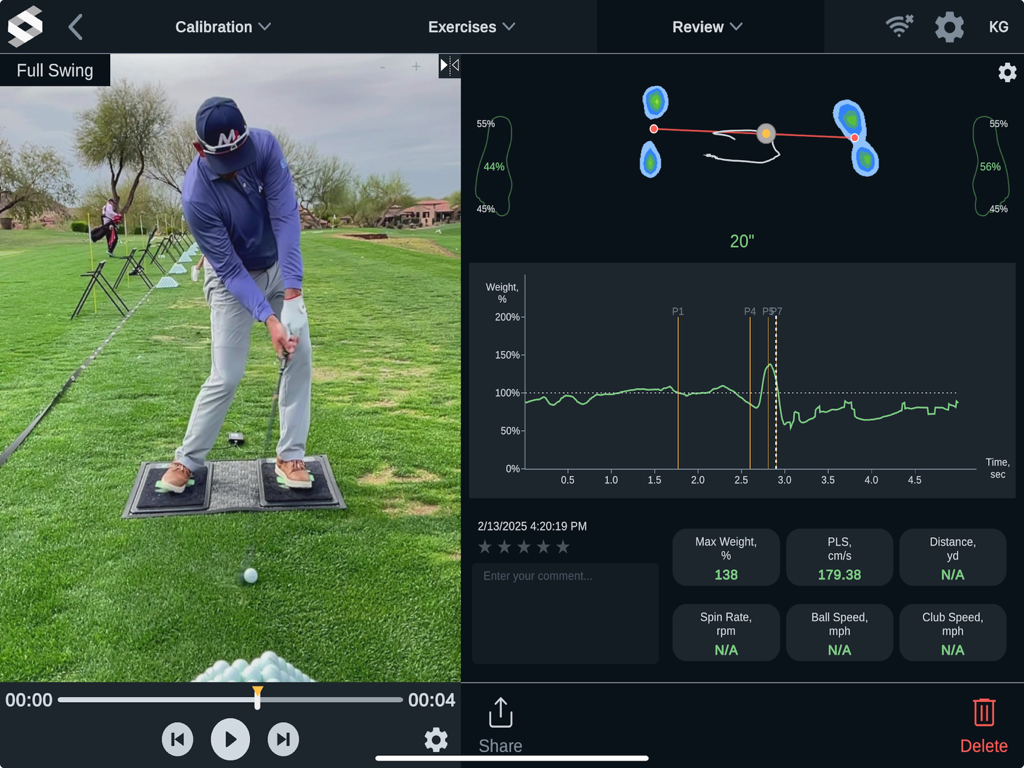 SensorEdge App interface displaying golf swing video alongside synchronized pressure data and weight distribution graphs