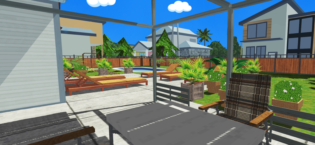 Modern backyard with swimming pool and lounge area in House Craft game