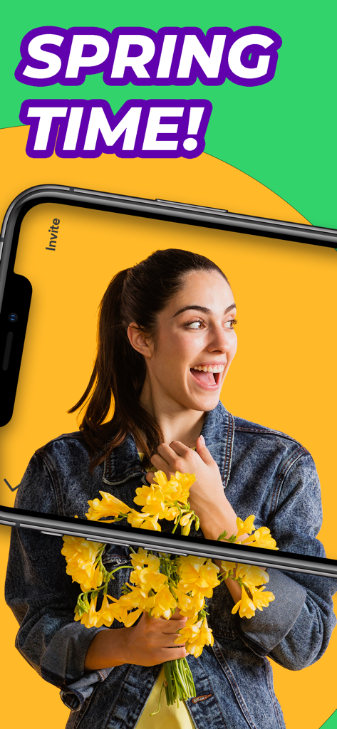 A happy woman holding yellow flowers framed within a smartphone screen for the Leo AR Camera app