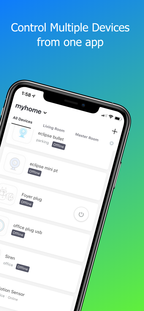 Eclipse Home 앱 인터페이스, 홈 관리를 위한 연결된 스마트 장치 목록 표시