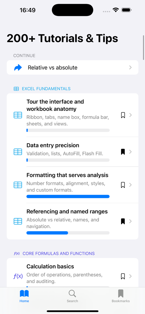 200+ Excel Tutorials & Tips - Home screen of the Excel Tutorials app displaying lesson categories, progress bars, and a continue learning section.