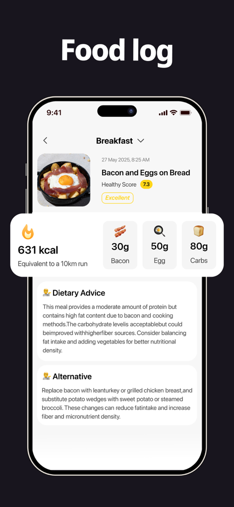 Pantalla de la aplicación CalBye que muestra una entrada de registro de desayuno con recuentos de calorías, puntuación de salud y consejos dietéticos personalizados.