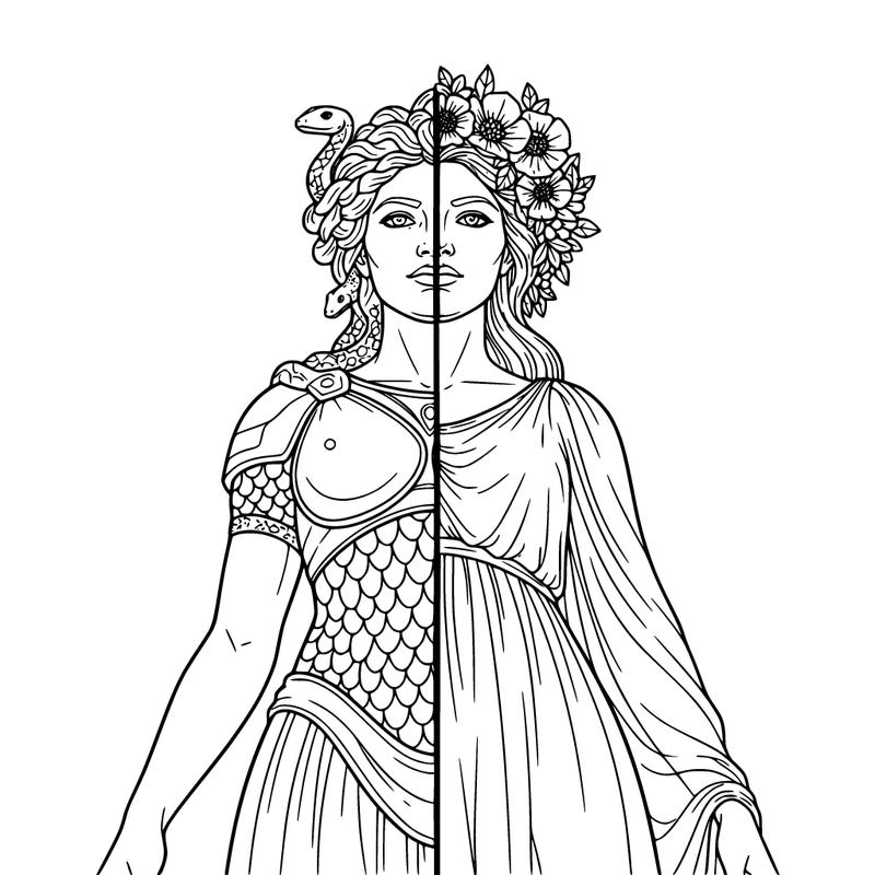 a medusa statue, split in the middle, and on the other side a beautiful woman with a flower wreath and a veiled dress with hair down to her shoulders.