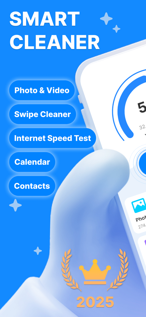 Smart Cleaner: Clean Up Fast - Smart Cleaner app interface showing features like swipe cleaner and internet speed test